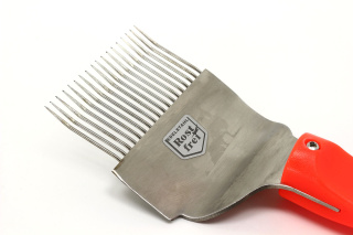 Odsklepiacz widelcowy gięty nierdzewny, rączka plastik 18 igieł