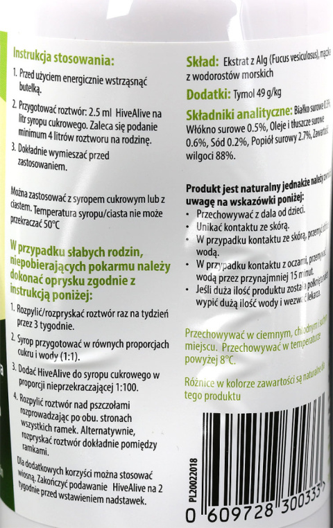 HiveAlive 500 ml, uzupełniająca mieszanka dla pszczół HiveAlive 500 ml, uzupełniająca mieszanka dla pszczół