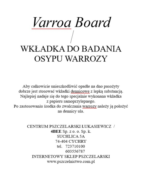 Wkładka do badania osypu warrozy - Varroa Board Wkładka do badania osypu warrozy - Varroa Board