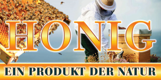 Baner reklamowy niemieckojęzyczny z pszczelarzem i ulem new 2x1