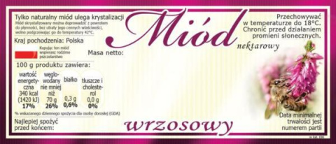 Etykiety samoprzylepne na miód wrzosowy - seria z ramką. Etykiety samoprzylepne na miód wrzosowy - seria z ramką.